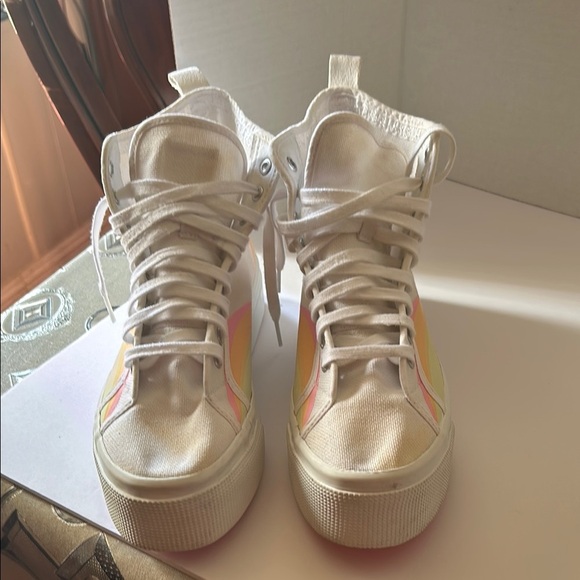 White and Pink High-Top Sneakers with Platform Sole - Picture 1 of 7